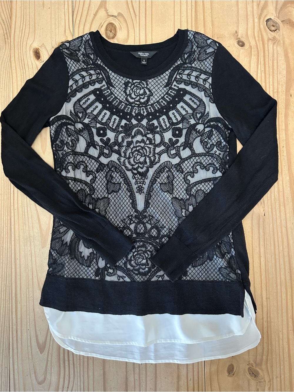 Simply Vera Vera Wang Black Lace-Front Layered Hem Long Sleeve Sweater